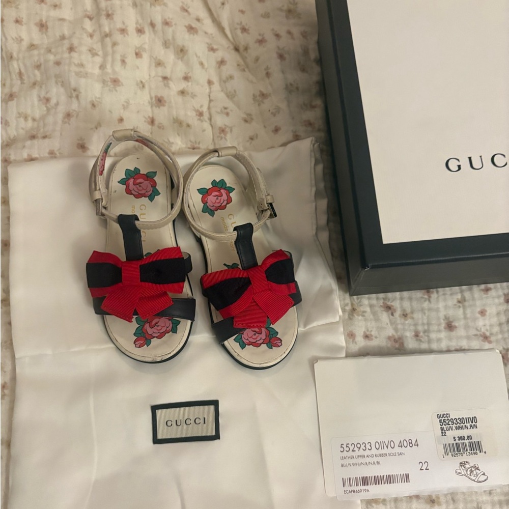 Gucci Kids White Leather Sandals with Red & Black Bow Accents